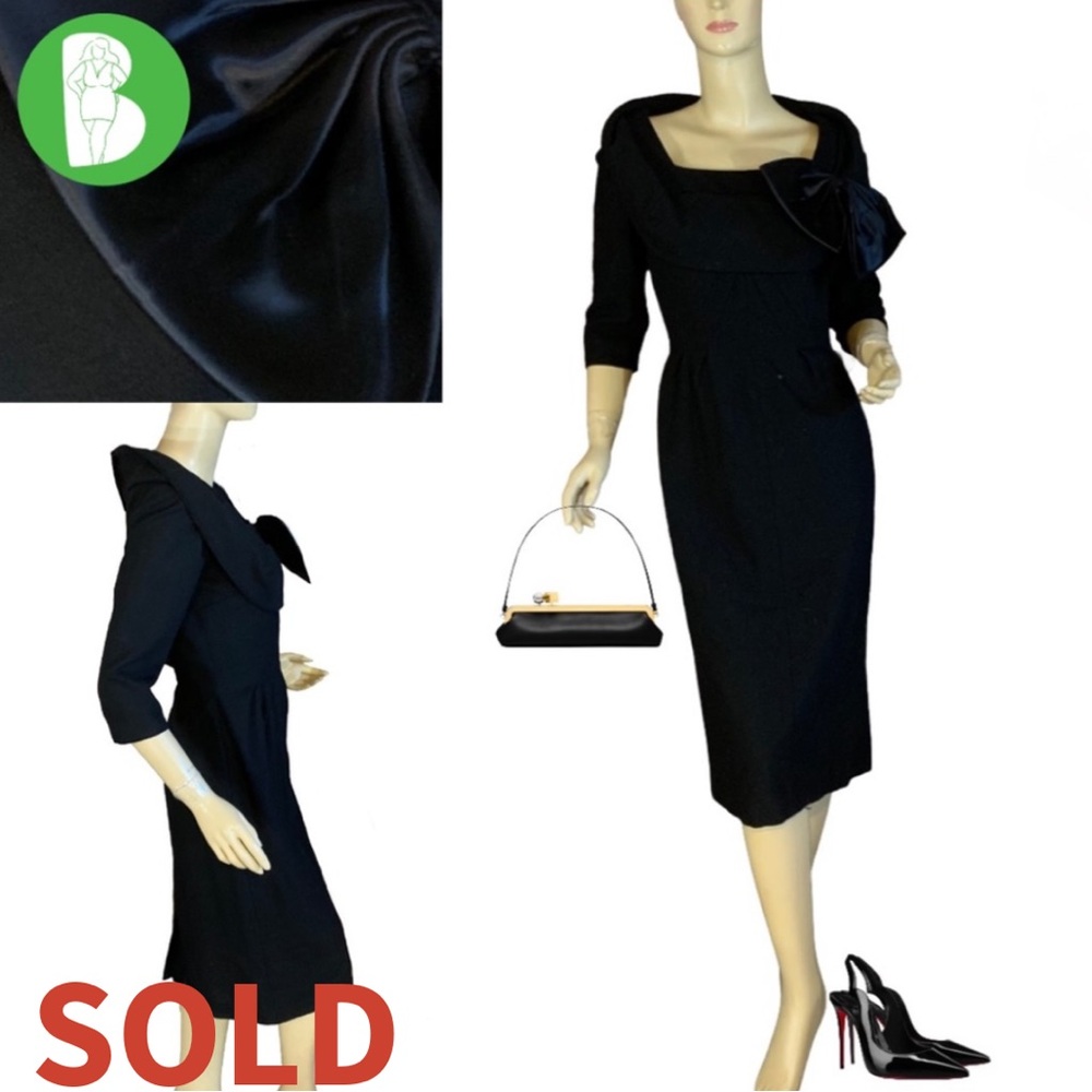 VINTAGE 1960'S CAROL CRAIG BLACK WOOL COCKTAIL WIGGLE DRESS (S) - Picture 1 of 14